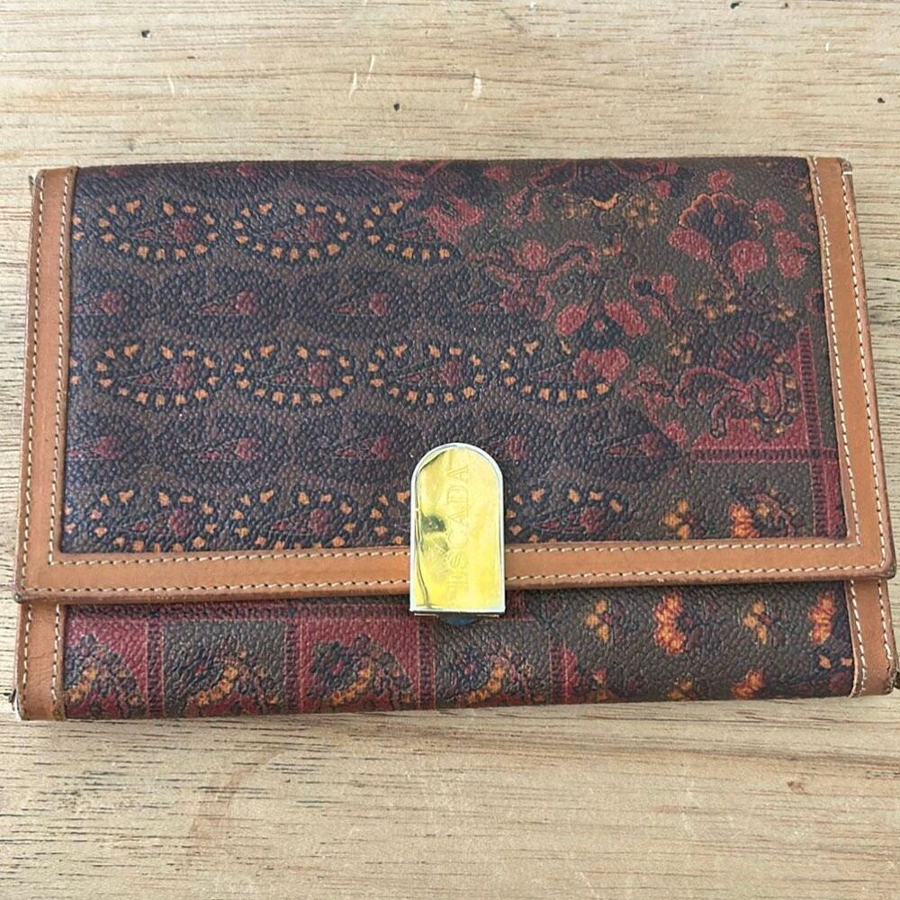 Escada vintage paisley floral leather wallet brown